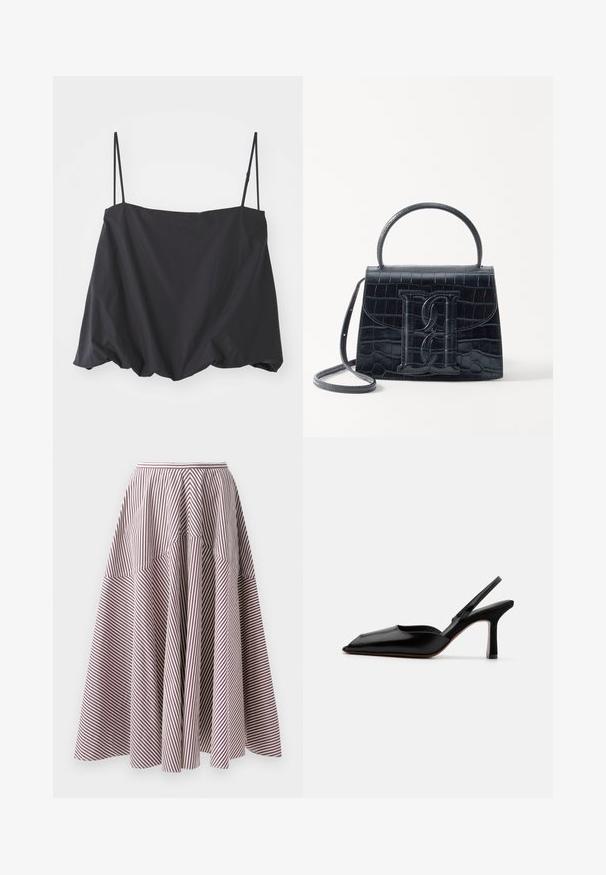 Débardeur noir sans manches avec des fines bretelles, coupe ample et ourlet froncé. Fabriqué en tissu léger avec une texture lisse.; Jupe rayée avec des lignes verticales blanches et bordeaux, présentant un design évasé et une texture froncée à la taille, fabriquée en tissu léger.; Escarpin à talon slingback en cuir noir, avec un bout pointu, un design minimaliste, une fine bride de cheville et un talon aiguille élégant. Texture lisse.; Sac à main en cuir noir embossé en crocodile avec un design structuré, une poignée supérieure, une bandoulière ajustable et un détail de logo en avant bien visible.