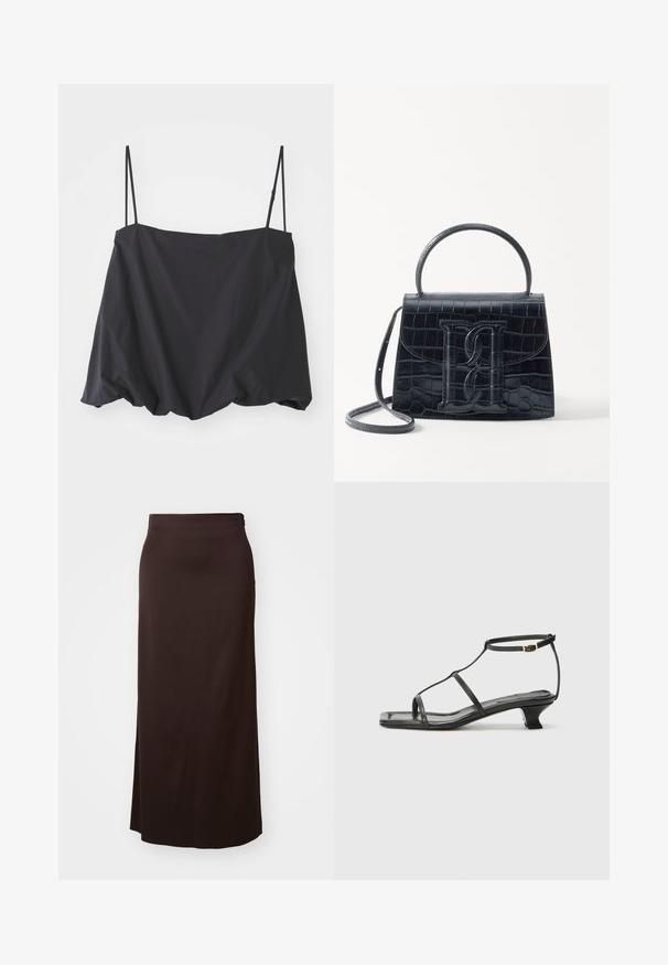 Black sleeveless top with thin straps, loose fit, and gathered hem. Made of lightweight fabric with a smooth texture.; Long black skirt made of smooth fabric. Features a straight design with a side slit for ease of movement, and a subtle waistband detail.; Black leather sandal with a square toe, thin straps, adjustable ankle strap, and a low heel. Features a small gold accent on the strap.; Black crocodile-embossed leather handbag with a structured design, top handle, adjustable strap, and a prominent front logo detail.