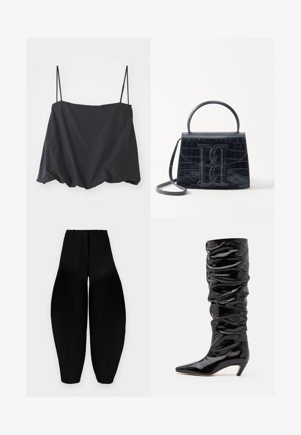 Débardeur noir sans manches avec des fines bretelles, coupe ample et ourlet froncé. Fabriqué en tissu léger avec une texture lisse.; Pantalons larges noirs à taille haute, avec un devant plissé et des chevilles fuselées. Fabriqués dans un tissu lisse avec une finition mate.; Botte noire, brillante, haute jusqu'au genou avec une texture froncée, bout pointu et un petit talon conique. Matériau lisse avec un subtil éclat.; Sac à main en cuir noir embossé en crocodile avec un design structuré, une poignée supérieure, une bandoulière ajustable et un détail de logo en avant bien visible.