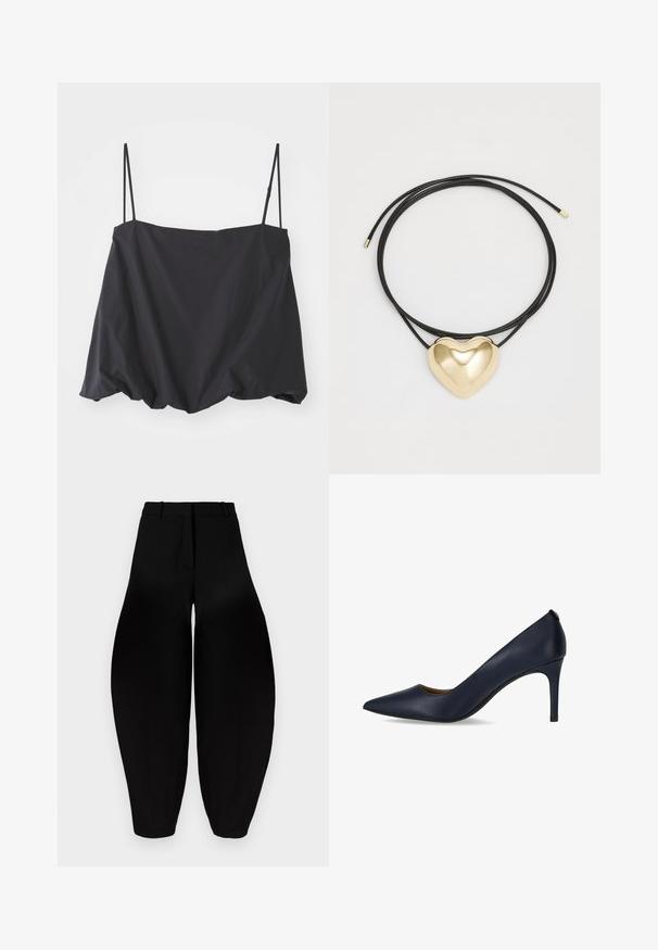 Top negru fără mâneci, cu bretele subțiri, croială lejeră și tiv strâns. Fabricat dintr-un material ușor, cu o textură netedă.; Pantaloni negri cu croi larg, talie înaltă, cu pliuri în față și glezne conice. Realizați dintr-un material neted cu un finisaj mat.; Pumps albastre închis cu toc înalt, fabricate din piele netedă, având vârful ascuțit și un toc subțire. Design simplu, fără embellishments suplimentare.; Colier din cordon împletit negru, având un pandantiv în formă de inimă din aur lucios, cu curbe fine și o finisare strălucitoare.