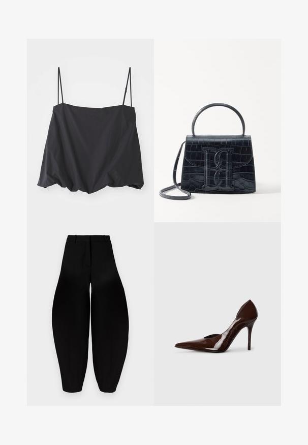 Črna brezrokavna majica s tankimi naramnicami, ohlapen kroj in zbrani rob. Narejena iz lahkega blaga z gladko teksturo.; Črne hlače širokega kroja z visokim pasom, nagubanimi sprednjimi deli in zoženimi gležnji. Narejene iz gladkega materiala z mat površino.; Rjav lakirani salonar z visokim peto in koničastim nosom, z izrezanimi stranicami, ki ima tanko peto in gladek zaključek.; Črna ročno vsebovana torbica iz usnja z reliéfom krokodila, z oblikovanim dizajnom, zgornjo ročajem, prilagodljivo zanko in izstopajočim logotipom spredaj.