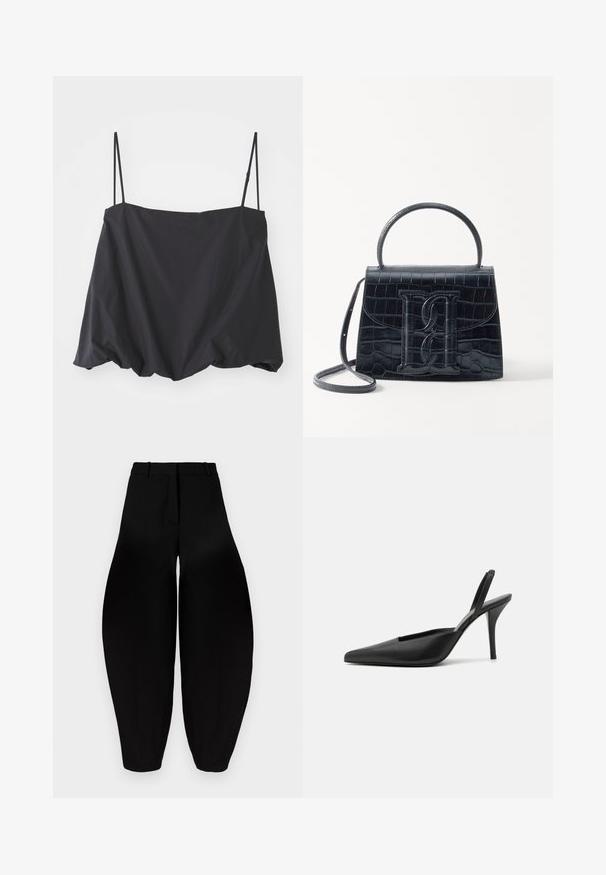 Top negro sin mangas con tirantes finos, de corte holgado y con dobladillo fruncido. Está hecho de una tela ligera con textura suave.; Pantalones negros de pierna ancha con cintura alta, frente plisado y tobillos estrechos. Fabricados en un tejido suave con acabado mate.; Zapatos de tacón negro tipo slingback con puntera afilada, material de cuero suave y un diseño minimalista y elegante. Tacón alto en estilo stiletto.; Bolso de mano de cuero negro con estampado de cocodrilo, diseño estructurado, asa superior, correa ajustable y un destacado detalle del logotipo en la parte frontal.