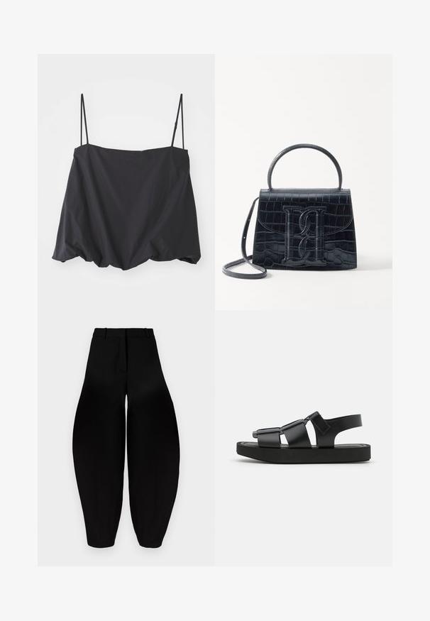 Fekete ujjatlan felső vékony pántokkal, laza szabással és gyűrt alsó résszel. Könnyű anyagból készült, sima textúrával.; Fekete, bő szárú nadrág magas derékkal, pliszírozott elülső résszel és szűkített bokával. Simább anyagból készült, matt felülettel.; Feketefekete szandál lapos talppal, széles pántokkal és állítható hátsó pánttal, sima szintetikus anyagból készült, minimalista kialakítással.; Fekete krokodilbőr hatású kézitáska, amelynek strukturált kialakítása van, felső fogantyúval, állítható pánttal és egy kiemelkedő elülső logó részlettel.