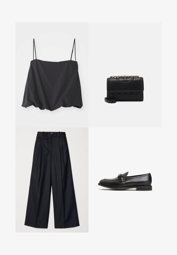 Top negro sin mangas con tirantes finos, de corte holgado y con dobladillo fruncido. Está hecho de una tela ligera con textura suave.; Pantalones de pierna ancha negros, confeccionados en una tela suave, con una cintura alta, pliegues y un diseño ajustado. Accesorios sencillos en negro en la cintura.; Mocasín de cuero negro con punta redondeada, diseño sutil y un acento de hardware en tono dorado en la parte delantera. Suela de goma plana.; Bolso de mano de cuero negro con un diseño acolchado. Presenta una correa de cadena dorada y cierre de solapa, mostrando un logo grabado en la parte frontal.