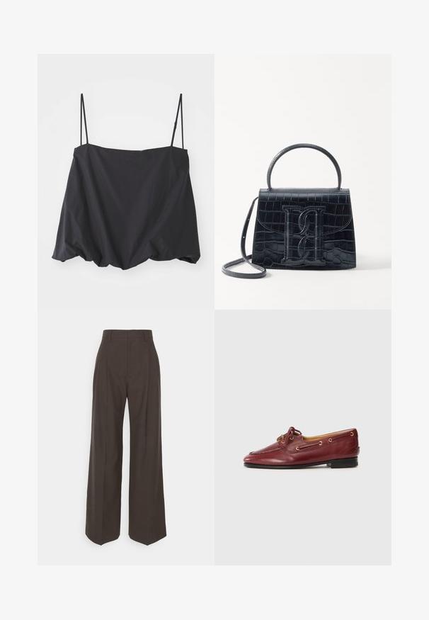 Sort ærmeløs top med tynde stropper, løs pasform og rynket kant. Lavet af letvægtsstof med en glat tekstur.; Mørkebrune brede bukser med høj talje, der har pænt pressede folder, glat overflade og en skræddersyet pasform.; Bordeaux læder bådsko med rund tå, snørebåndsdesign, gyldne øjer og en lav sort sål. Glat overflade med syninger.; Sort krokodillede læderhandbag med en struktureret design, top-håndtag, justerbar rem og et fremtrædende frontlogo.