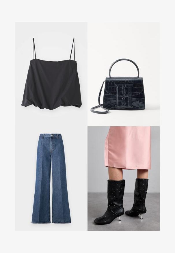 Mustavärviline ilma varrukateta topp, millel on õhukesed rihmad, laialdane lõige ja kokku kogutud ääre. Valmistatud kergest kangast, millel on sile tekstuur.; Laiad sinised denimpüksid kõrge vöökohtusega, klassikalise viie taskuga ja nööpkinni, valmistatud tekstureeritud puuvillakangast.; Mustad põlve kõrgused saapad, mis on valmistatud siledast materjalist, koos diskreetse narmastega mustriga ja hõbedase tooni kontsaga. Ühendatud roosa satiinkleitiga.; Must musta krokodillimustriga nahast käekott, millel on struktureeritud disain, ülemine käepide, reguleeritav rihm ja silmapaistev esiküljel logo detail.