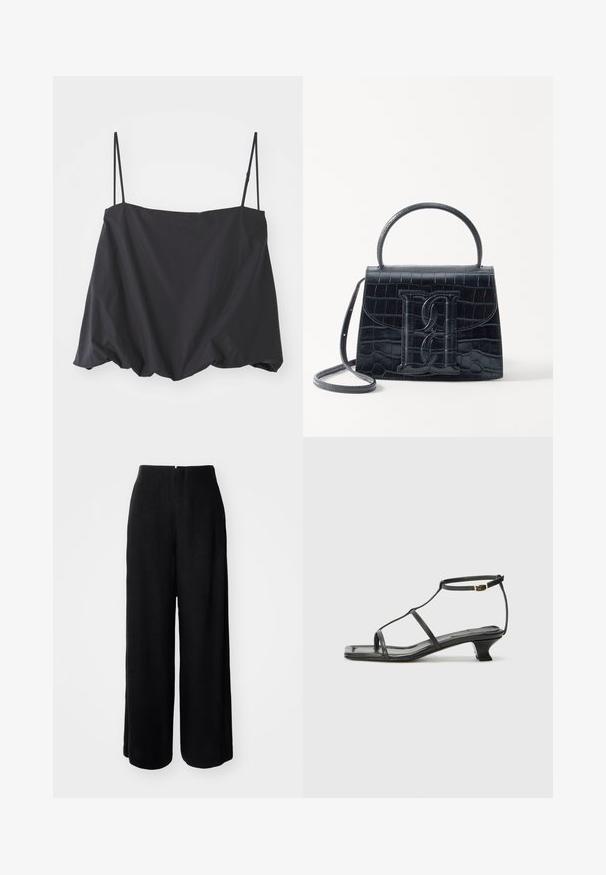 Black sleeveless top with thin straps, loose fit, and gathered hem. Made of lightweight fabric with a smooth texture.; Black wide-leg pants with a smooth texture, high waist, and no visible fastenings. Features a clean silhouette and full-length design.; Black leather sandal with a square toe, thin straps, adjustable ankle strap, and a low heel. Features a small gold accent on the strap.; Black crocodile-embossed leather handbag with a structured design, top handle, adjustable strap, and a prominent front logo detail.