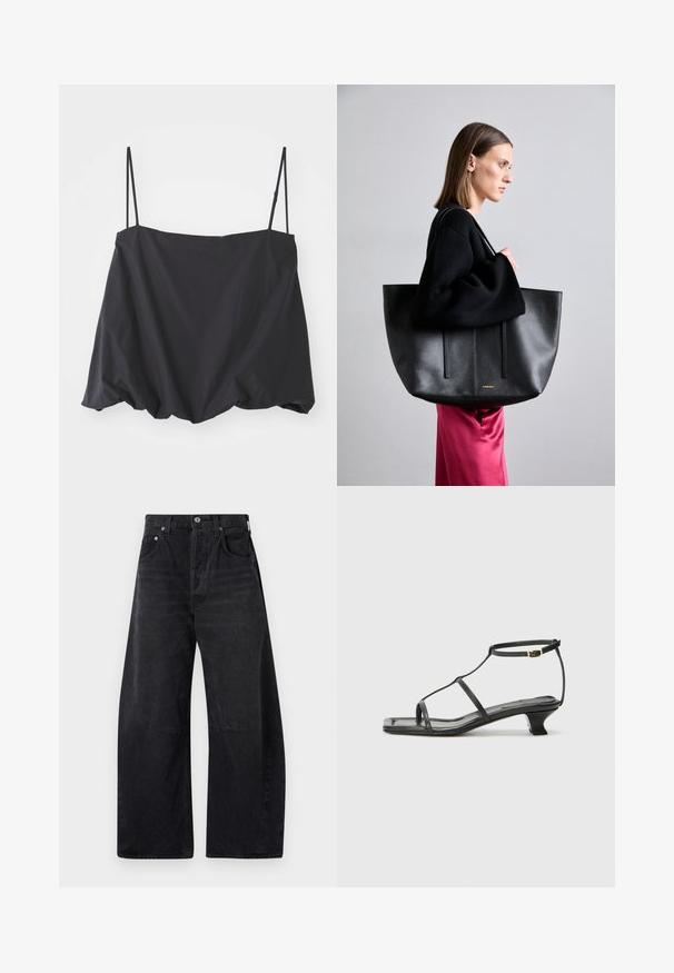 Black sleeveless top with thin straps, loose fit, and gathered hem. Made of lightweight fabric with a smooth texture.; Citizens of Humanity HORSESHOE - Relaxed fit jeans - black; Black leather sandal with a square toe, thin straps, adjustable ankle strap, and a low heel. Features a small gold accent on the strap.; Black leather tote bag with a textured finish, featuring two vertical lines, dual shoulder straps, and a minimalist design.