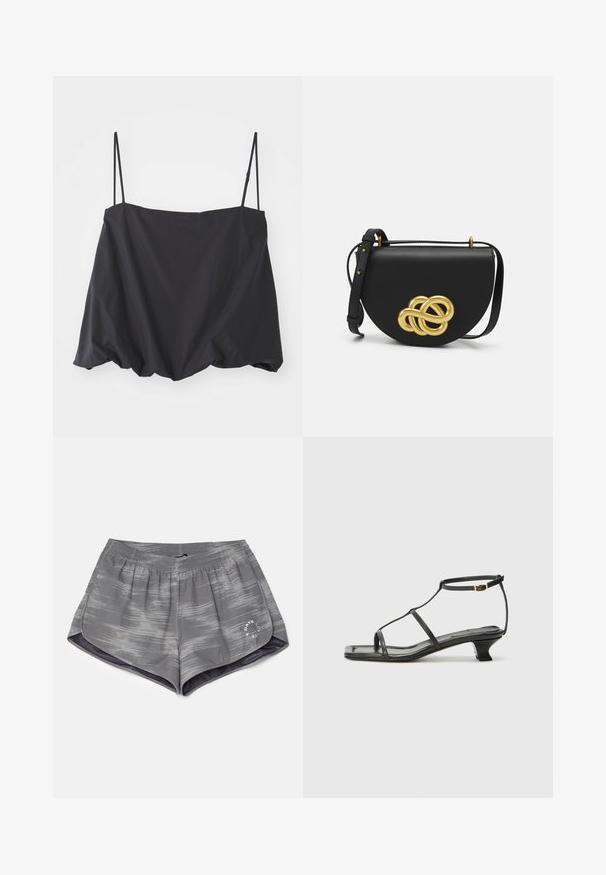Zwarte mouwloze top met dunne banden, ruime pasvorm en gathered zoom. Gemaakt van lichtgewicht stof met een gladde textuur.; Grijze sportshorts met een golvend patroon, elastische tailleband en zijsplitten voor flexibiliteit. Kenmerkt zich door een klein wit logo op de zoom.; Zwarte leren sandaal met een vierkante neus, dunne banden, een verstelbare enkelriem en een lage hak. Heeft een kleine gouden accent op de band.; Zwarte leren handtas met een ronde vorm, voorzien van een grote gouden decoratieve knoop aan de voorkant en een verstelbare schouderband.