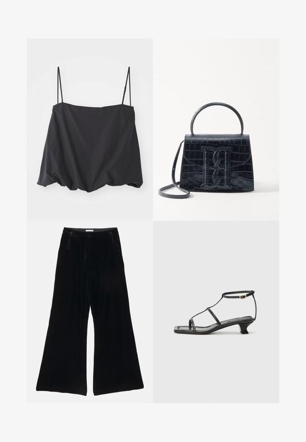 Črna brezrokavna majica s tankimi naramnicami, ohlapen kroj in zbrani rob. Narejena iz lahkega blaga z gladko teksturo.; Črne žametne hlače širokih nogavic z gladko teksturo, ki imajo oblikovan pas in sprednje žepke, krasijo pa jih gube.; Črne usnjene sandale s kvadratnim prstom, tankimi trakovi, nastavljivim trakom okoli gležnja in nizko peto. Imajo majhen zlat akcent na traku.; Črna ročno vsebovana torbica iz usnja z reliéfom krokodila, z oblikovanim dizajnom, zgornjo ročajem, prilagodljivo zanko in izstopajočim logotipom spredaj.