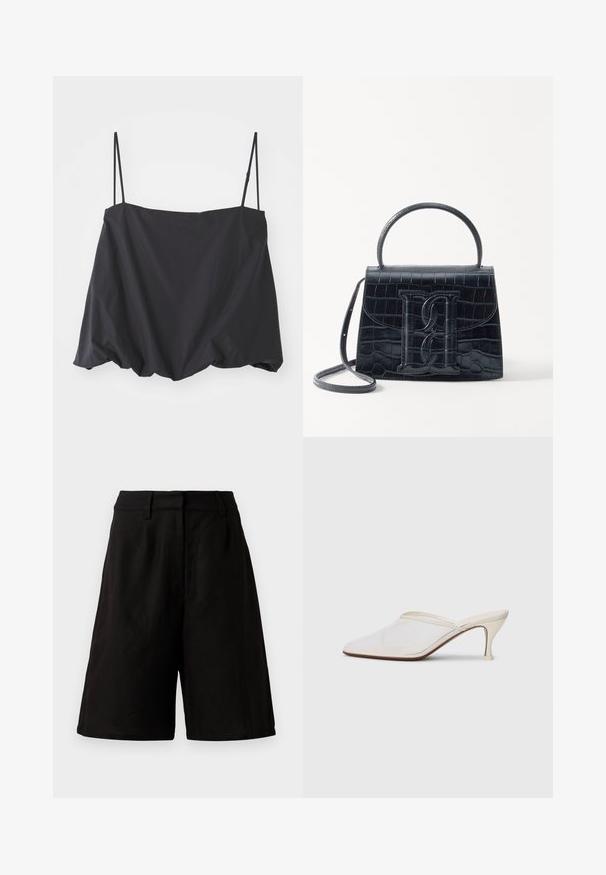 Mustavärviline ilma varrukateta topp, millel on õhukesed rihmad, laialdane lõige ja kokku kogutud ääre. Valmistatud kergest kangast, millel on sile tekstuur.; Mustad mustrit lahtise lõikega, valmistatud kergest kangast, millel on sile tekstuur. Omavad tasast vööd ja minimaalset detailide hulka.; Valge võrkmaterjalist teravatoa mulli king, millel on peen keskmise kõrgusega konts ja libisev disain, tühjal taustal.; Must musta krokodillimustriga nahast käekott, millel on struktureeritud disain, ülemine käepide, reguleeritav rihm ja silmapaistev esiküljel logo detail.