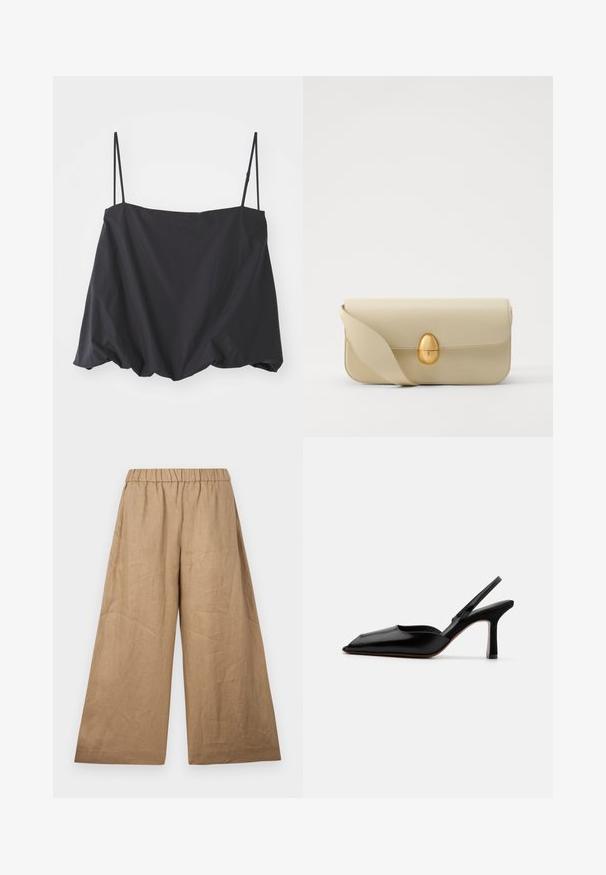 Čierny bezrukávový top s tenkými ramienkami, voľný strih a nariasený lem. Vyrobený z ľahkého materiálu s hladkou textúrou.; Linenové široké nohavice v svetlohnedej farbe, s gumičkou v páse a hladkým, textúrovaným povrchom.; Čierne kožené sandále na podpätku s špicatou špičkou, minimalistický dizajn, tenký remienok okolo členka a elegantný stiletto podpätok. Hladká textúra.; Béžová kožená kabelka s hladkou textúrou, obdlžnikovým tvarom a zlatým oválnym zapínaním. Má dlhý, nastaviteľný popruh.