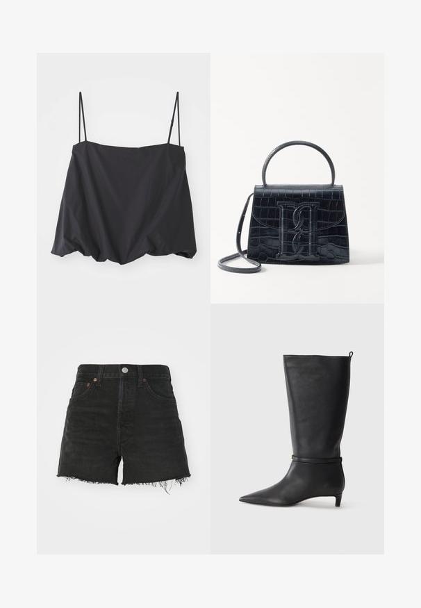 Zwarte mouwloze top met dunne banden, ruime pasvorm en gathered zoom. Gemaakt van lichtgewicht stof met een gladde textuur.; Zwarte denimshorts met een hoge taille, rafelige zoom en koperen klinknagels. Voorzien van een klassieke vijf-pocket design en knoopsluiting.; Zwarte leren kniehoog laars met een spitse neus, accentueert door een ronde band rond de enkel en een lage, taps toelopende hak. Glad textuur.; Zwarte handtas van krokodillleer met een gestructureerd ontwerp, bovenhandvat, verstelbare schouderband en een opvallend voorlogo.