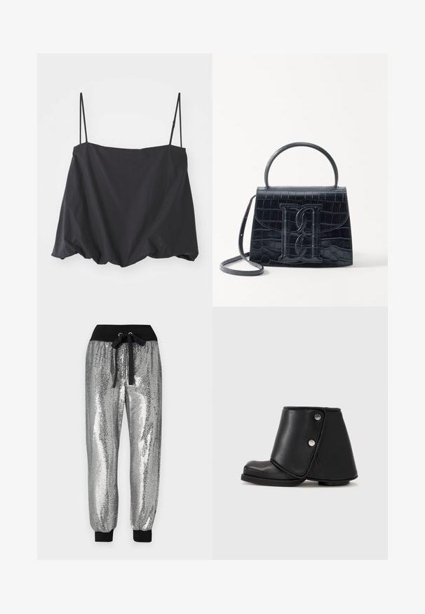 Juodas be rankovių viršus su plonomis petnešėlėmis, laisvas siluetas ir surinkta apatinė dalis. Pagamintas iš lengvos medžiagos su lygiu paviršiumi.; Sidabro spalvos blizgučių sportiniai kelnių kelnės su juodu elastingu juosmeniu, raišteliu ir juodais rankogaliais ties kulkšniais, suteikiančiais aptemptą stilių.; Juodi kulkšniniai batai su unikaliu asimetriniu dizainu, pagaminti iš lygaus odos, turintys du sidabrinius spaudinius ir apvalų pirštą.; Juodas krokodilo rašto odinis rankinės krepšys su struktūruotu dizainu, viršutine rankena, reguliuojamu dirželiu ir išsiskiriančiu priekinio logo detale.