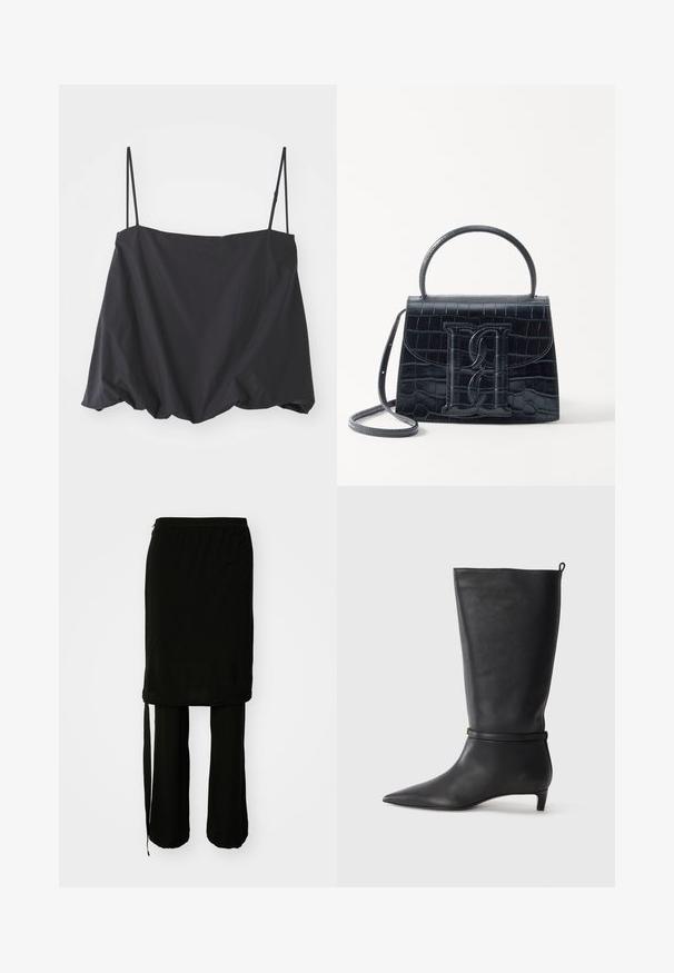 Débardeur noir sans manches avec des fines bretelles, coupe ample et ourlet froncé. Fabriqué en tissu léger avec une texture lisse.; Ensemble noir en deux pièces, comprenant une jupe longue avec un lien sur le côté et un pantalon ample. Fabriqué dans un tissu lisse avec un design fluide.; Botte noire en cuir, montant jusqu'au genou, avec un bout pointu, accentuée par une sangle circulaire autour de la cheville et un petit talon effilé. Texture lisse.; Sac à main en cuir noir embossé en crocodile avec un design structuré, une poignée supérieure, une bandoulière ajustable et un détail de logo en avant bien visible.