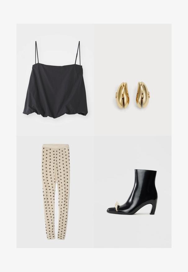 Débardeur noir sans manches avec des fines bretelles, coupe ample et ourlet froncé. Fabriqué en tissu léger avec une texture lisse.; Leggings beiges au toucher doux, ornées d'un motif de petites fleurs sombres sur l'ensemble. Taille élastique pour un ajustement confortable.; Bottine noire en cuir brillant, avec un bout pointu et un accent décoratif en or et argent à l'avant. Design à talon carré.; Boucles d'oreilles en ton or avec un design fluide et courbé. Chaque boucle d'oreille présente une surface lisse et un petit fermoir avec un détail décoratif.