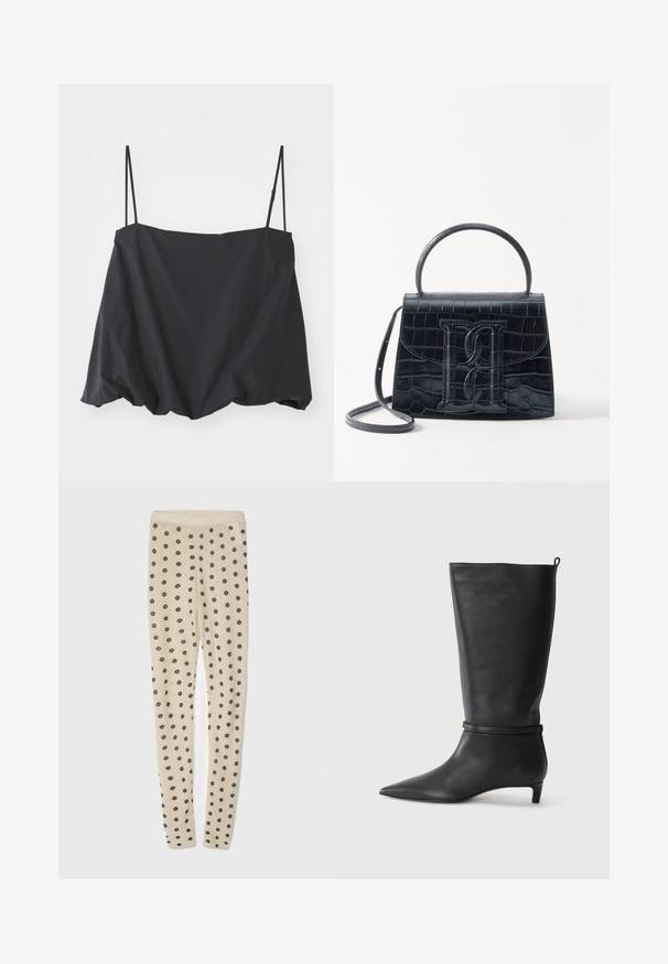 Černý top bez rukávů s tenkými ramínky, volný střih a nařasený lem. Vyrobeno z lehké tkaniny s hladkou strukturou.; Beige legíny s jemnou texturou, zdobené celoplošným vzorem malých tmavých květin. Elastický pas pro pohodlné nošení.; Černé kožené kozačky ke kolenům s špičatou špičkou, zdobené kulatým páskem kolem kotníku a nízkým, zužujícím se podpatkem. Hladký povrch.; Černá kabelka z krokodýlí kůže s embosovaným vzorem, strukturovaným designem, horním uchycením, nastavitelným popruhem a výrazným logem na přední straně.