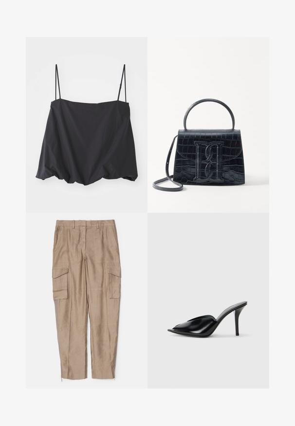 Melnas bez piedurknēm blūze ar plānām siksniņām, brīva piegriezuma un savilkta apakšmala. Izgatavota no viegla auduma ar gludu tekstūru.; Beige kravas bikses ar brīvu piegriezumu, vairākām sānu kabatām un rāvējslēdzēja akcentiem pie potītēm. Izgatavotas no viegla auduma.; Melnas ādas augstpapēžu mūlas ar atvērtu purngalu, vērptu dizainu, gludu tekstūru un šauru stilletu papēdi.; Melnas krokodila rakstā izgatavota ādas rokassoma ar strukturētu dizainu, augšējo rokturi, regulējamu siksnu un izteiktu priekšējo logotipa detaļu.