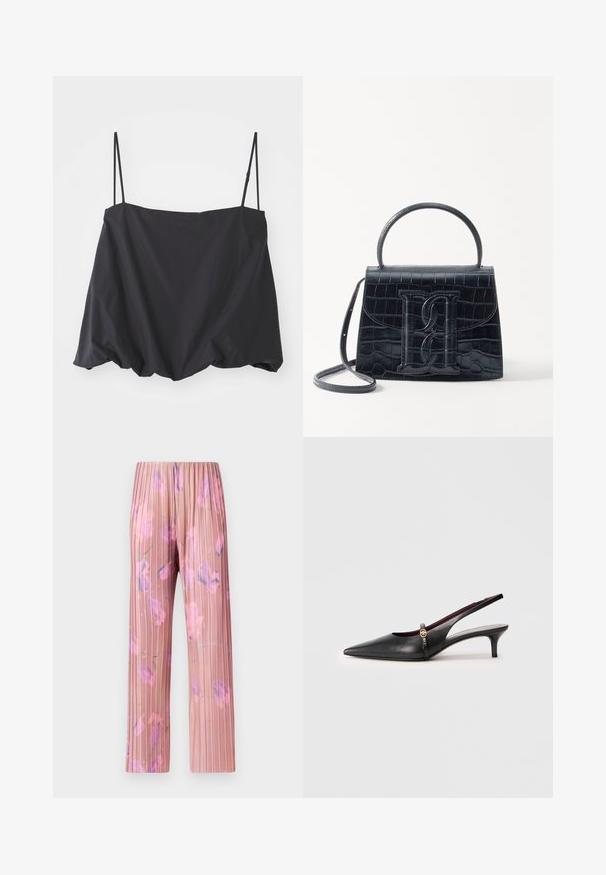 Black sleeveless top with thin straps, loose fit, and gathered hem. Made of lightweight fabric with a smooth texture.; MAX&Co. TOSCA - Trousers - pastel rose; Black leather slingback heel with a pointed toe, thin heel, and a gold accent near the ankle strap. Smooth texture and simple design.; Black crocodile-embossed leather handbag with a structured design, top handle, adjustable strap, and a prominent front logo detail.