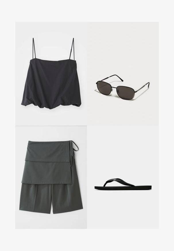 Zwarte mouwloze top met dunne banden, ruime pasvorm en gathered zoom. Gemaakt van lichtgewicht stof met een gladde textuur.; Donkergrijze unisex shorts met een gelaagd ontwerp, met een bovenpaneel en strikken aan de zijkant. Gemaakt van een gladde, lichte stof.; Zwarte rubberen flip-flop sandaal met een getextureerde strap en een eenvoudige platte zool, zijaanzicht op een effen lichte achtergrond.; Zwarte metalen zonnebril met ovale monturen, donkere lenzen, slanke tempels en een subtiel logo op de linkerlens. Elegant, minimalistisch ontwerp.; Zwarte leren handtas met een gestructureerde rechthoekige vorm. Voorzien van een gouden ovale sluiting en een dunne schouderband. Glad van textuur.