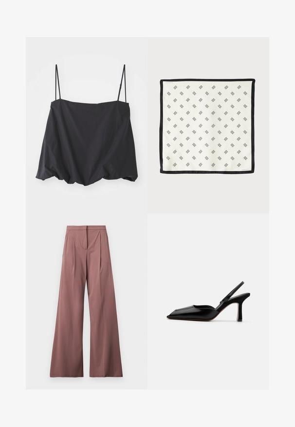 Juodas be rankovių viršus su plonomis petnešėlėmis, laisvas siluetas ir surinkta apatinė dalis. Pagamintas iš lengvos medžiagos su lygiu paviršiumi.; Platus kojinės rožinės spalvos, pagamintos iš lygios medžiagos su priekinėmis raukšlėmis ir viena šonine kišene. Paprastas, elegantiškas dizainas.; Juodas odinis slingback kulnas su smailiu nosiu, minimalizmo stilius, plonas kulkšnies dirželis ir elegantiškas stiletto kulnas. Lygus paviršius.; Baltas šilkinis šalikas, dekoruotas juoda geometrine raštu, su tvirtu juodu kraštu. Lengvas ir glotnaus paviršiaus.; Tory Burch ROMY PEBBLED SATCHEL - Rankinė - tiramisu