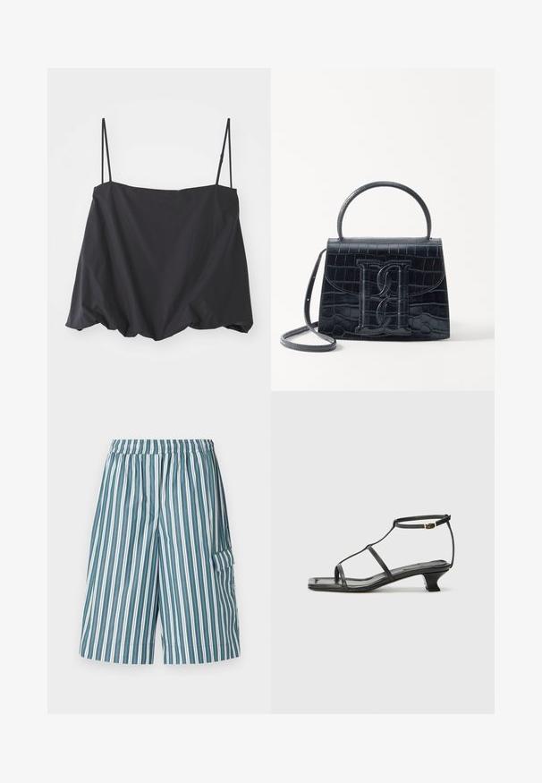 Black sleeveless top with thin straps, loose fit, and gathered hem. Made of lightweight fabric with a smooth texture.; Striped shorts with an elastic waistband, featuring alternating green, white, and blue vertical stripes, and a side pocket. Lightweight fabric.; Black leather sandal with a square toe, thin straps, adjustable ankle strap, and a low heel. Features a small gold accent on the strap.; Black crocodile-embossed leather handbag with a structured design, top handle, adjustable strap, and a prominent front logo detail.