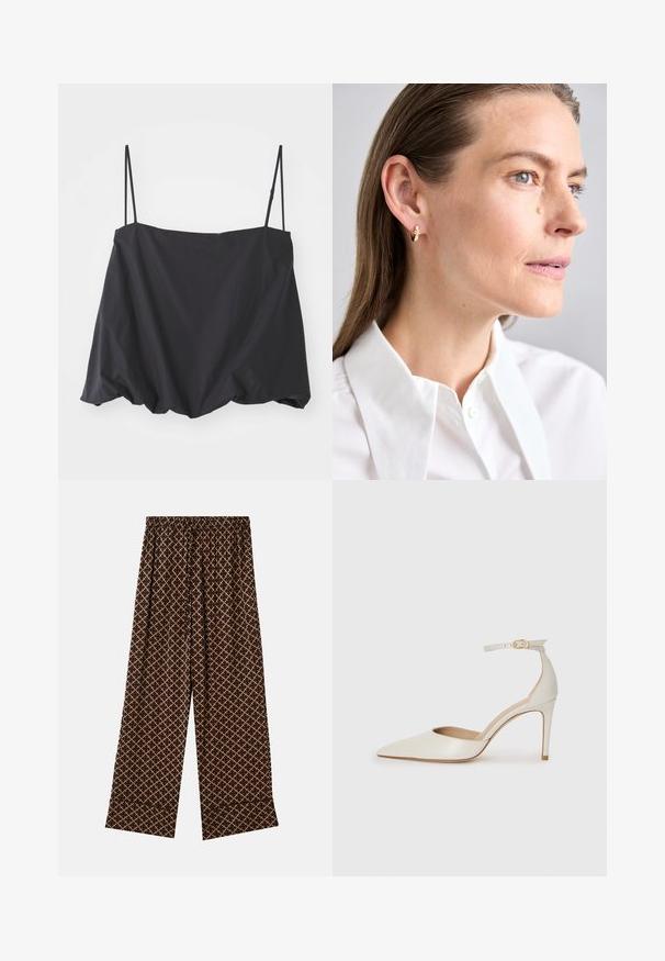 Débardeur noir sans manches avec des fines bretelles, coupe ample et ourlet froncé. Fabriqué en tissu léger avec une texture lisse.; Pantalons larges marron avec un motif géométrique beige. Dotés d'une taille élastique avec cordons de serrage. Tissu léger, texture lisse.; Chaussure à talon haut en cuir blanc avec un bout pointu, une bride de cheville et un talon aiguille fin. Texture lisse avec une finition légèrement brillante.; Boucle d'oreille en or avec un petit accent de gemme décoratif. Portée par un modèle aux cheveux raides, associée à une chemise blanche à col.