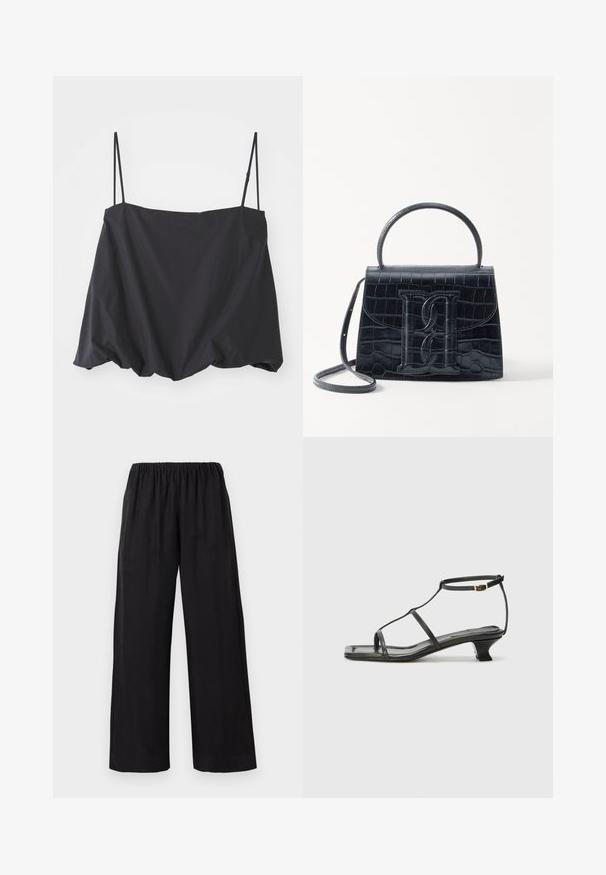 Fekete ujjatlan felső vékony pántokkal, laza szabással és gyűrt alsó résszel. Könnyű anyagból készült, sima textúrával.; Fekete, bő szárú nadrág puha, könnyű anyagból, elasztikus derékrésszel és varrott szegéllyel, amely laza illeszkedést biztosít.; Fekete bőr szandál, négyzet alakú orral, vékony pántokkal, állítható bokapánttal és alacsony sarokkal. A pánton egy kis arany dísz található.; Fekete krokodilbőr hatású kézitáska, amelynek strukturált kialakítása van, felső fogantyúval, állítható pánttal és egy kiemelkedő elülső logó részlettel.