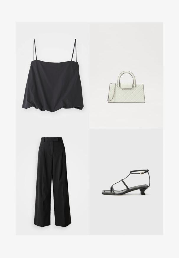 Black sleeveless top with thin straps, loose fit, and gathered hem. Made of lightweight fabric with a smooth texture.; Black wide-leg trousers made of a smooth fabric with a high waistband, featuring two front pleats and a tailored design.; Black leather sandal with a square toe, thin straps, adjustable ankle strap, and a low heel. Features a small gold accent on the strap.; Quilted white handbag with a structured design, top handle, detachable chain strap, and a raised logo on the clasp.