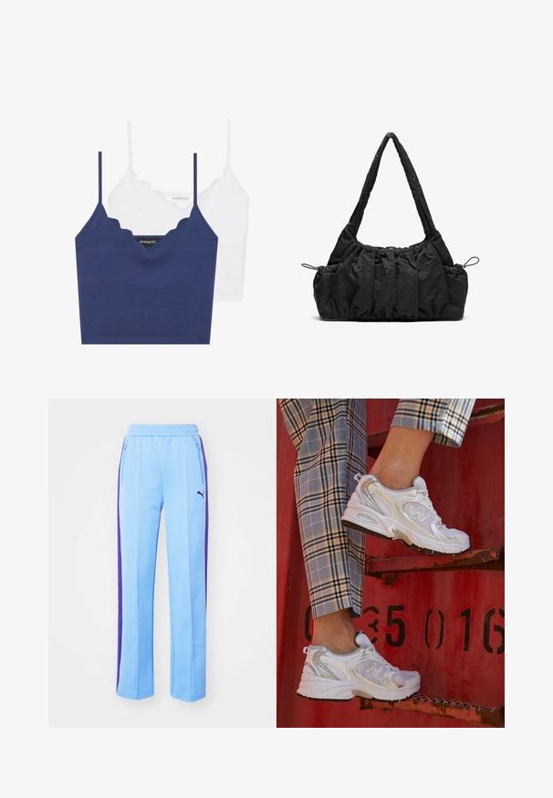 Navy og hvidt bomulds-bralette sæt med bølgende udskæring, tynde justerbare stropper og tætsiddende design. Logomærke på indersiden af den marineblå del.; Lyseblå sweats med lilla sidestreger, elastisk talje og lynlåslommer. Blødt stof og lige ben-design.; Hvide mesh sneakers med sølvdetaljer og en struktureret sål, placeret på en rød overflade, parret med ternede bukser.; Sort stof handbag med samlede strukturer, to skulderremme og snorelukning i siderne. Glat, let materiale.