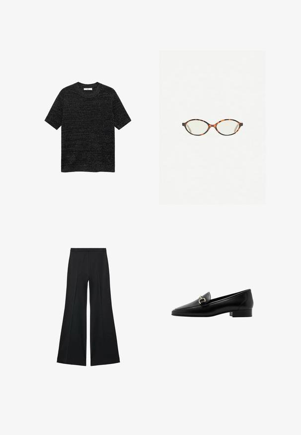 Črna kratkosrajčanka z kratkimi rokavi, izdelana iz teksturirane tkanine z rahlim heather vzorcem. Ima okroglo ovratnico in sproščen kroj.; Črne široke hlače z gladko teksturo, ki imajo sprednje nabore in kroj po meri. Tkanina je lahka in zračna.; Črne usnjene loafers čevlje s konico, majhnim blokastim peto in zlatim detajlom na sprednji strani. Gladka tekstura in minimalistična zasnova.; Kornjačaste očala z ovalnimi lečami in gladko, sijočo površino. Imajo tanke stranice z rahlim ovinkom na templjih. Prosojne leče.