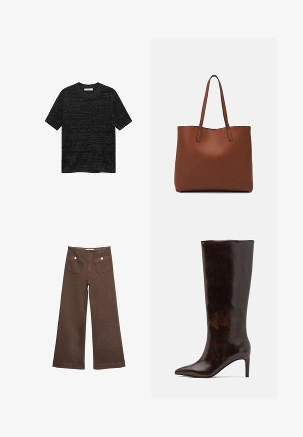 T-shirt noir à manches courtes en tissu texturé avec un léger motif chiné. Il dispose d'un col rond et d'une coupe décontractée.; Pantalons larges marron en coton, dotés de deux poches avant avec des boutons argentés, et une texture lisse.; Call it Spring RHODDE - Bottes à talons hauts - medium brown; Sac fourre-tout en cuir marron avec une texture lisse, design à ouverture supérieure et deux poignées pour le porter à l'épaule. Présente des coutures minimales et aucun matériel visible.