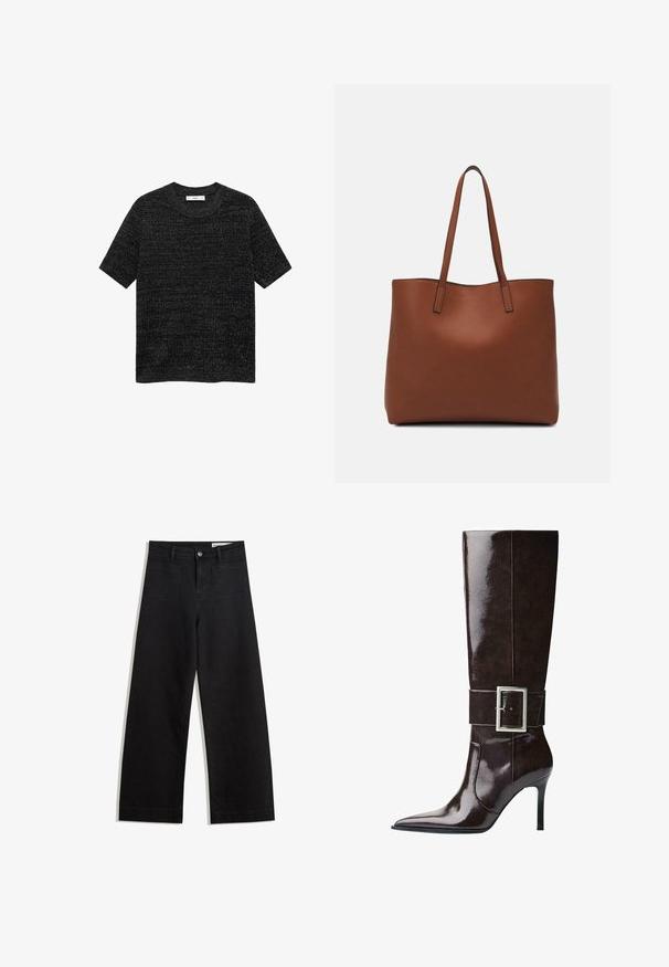 Černé tričko s krátkým rukávem vyrobené z texturované tkaniny s jemným melírovaným vzorem. Má kulatý výstřih a volný střih.; Černé denimové kalhoty s volným střihem a vysokým pasem, vybavené předními a zadními kapsami, prošívanými švy a knoflíkovým zapínáním. Hladká textura.; Tmavě hnědá kožená vysoká bota do kolen s špičatou špičkou, jehlovým podpatkem a širokým páskem s velkou obdélníkovou stříbrnou sponou.; Hnědá kožená taška přes rameno s hladkou texturou, otevřeným designem a dvěma ramenními popruhy. Obsahuje minimální švy a žádné viditelné kovové prvky.