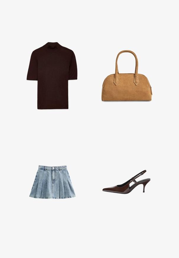 Brun kortärmad polotröja i ett lätt, texturerat tyg med en kroppsnära silhuett och en minimalistisk design.; New Look A-linjekjol - pale blue; Bruna patenterade läderslingback pumps med spetsig tå, öppna utskärningar och en tunn klack. Har ett justerbart spänne.; Tan mockasinsväska med en strukturerad form, som har två handtag, triangulära utskärningar och en dragkedja längst upp för stängning.
