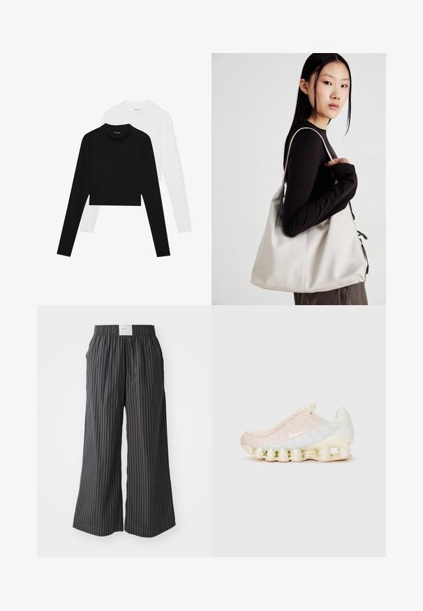 Set od dva duga rukava, kratkih majica u crnoj i bijeloj boji. Izrađene od mekog materijala s okruglim izrezom i prilagođenim krojem.; Pantalone širokog kroja u crno-sivim prugama s elastičnim pojasom i Nike logom na stražnjoj strani. Lagana tkanina, slobodan kroj.; Nike tenisice s prozirnom gornjom dijelu u mekanim pastelno ružičastim nijansama, teksturiranim pločama i karakterističnom mekanom potplatu sastavljenom od složenih segmenata.; Bežna torba od mekog materijala s opuštenim dizajnom, šivanim detaljima i dva remena za rame. Pogodna za svakodnevnu upotrebu.