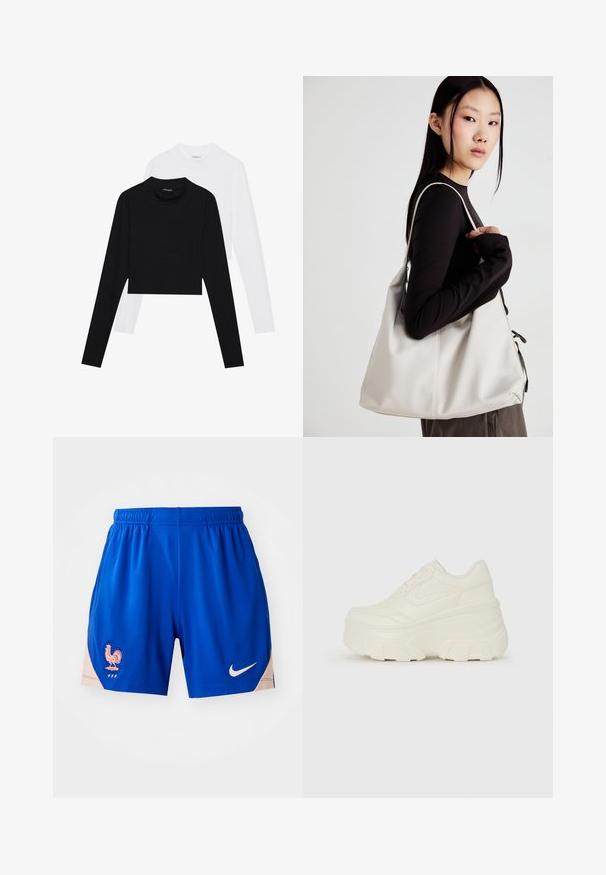 Conjunto de dos tops cortos de manga larga en negro y blanco. Hechos de una tela suave con un escote redondo y una silueta ajustada.; Pantalones cortos deportivos azules hechos de un tejido ligero, con un logo de gallo en acentos azules y rosas en el lateral. Logo de Nike impreso en blanco.; Zapatillas de plataforma blancas con un upper suave similar al cuero, forma redondeada, cuello acolchado y suela de goma texturizada con surcos definidos.; Bolso de mano beige hecho de material suave, con un diseño holgado, detalles cosidos y dos asas. Adecuado para uso diario.