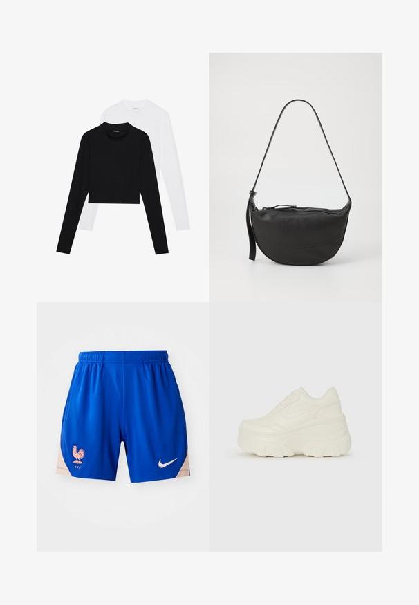 Divas divi garās piedurknes, īsās blūzes komplekts melnā un baltā krāsā. Izgatavots no mīkstas auduma ar apaļu kakla izgriezumu un pieguļošu siluetu.; Zili sporta šorti, kas izgatavoti no vieglas auduma, ar gaiši zilu krāsu, un sānos ir cāļa logotips ar zilu un rozā akcentiem. Nike logotips baltiem burtiem.; Baltie platformas sporta apavi, kas izgatavoti no gludas mākslīgās ādas, ar noapaļotu formu, mīkstu apkakli un teksturētu gumijas zoli ar izteiktiem rakstiem.; Melnas ādas pleca soma ar izliekta formu, vienu siksnu, rāvējslēdzēja aizdari un smalku šuvju izšuvumu pa visu virsmu.