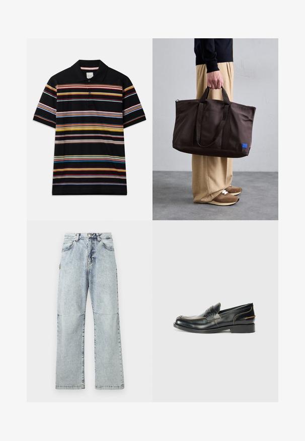 Μαύρο polo μπλουζάκι με πολύχρωμες οριζόντιες ρίγες σε κίτρινο, κόκκινο, πράσινο και μπλε. Περιλαμβάνει γιακά και κλείσιμο με δύο κουμπιά.; Ανοιχτό μπλε τζιν παντελόνι με χαλαρή εφαρμογή, φθαρμένη υφή, πέντε τσέπες και κουμπί κλεισίματος στη μέση. Ίσια ραφή και φαρδιές γραμμές.; Μαύρα δερμάτινα loafers με κομψό σχέδιο, που διαθέτουν διακριτική ραφή και χαμηλό τακούνι, εμφανισμένα σε λευκό φόντο.; Καφέ νάιλον τσάντα ώμου με διπλές λαβές, φερμουάρ κλεισίματος και μπλε λογότυπο. Λείος υφασμάτινος τόνος, δομημένος σχεδιασμός, ευρύχωρος εσωτερικός χώρος.