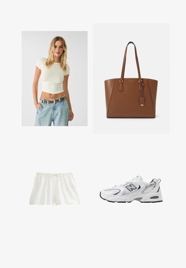 Crop top a maniche corte color crema a costine abbinato a jeans in denim blu chiaro a vita alta e una cintura decorata con borchie e una fibbia ornamentale.; Shorts bianchi in cotone con vita elastica e coulisse. Tessuto leggero con una finitura texturizzata, progettati per comfort e traspirabilità.; Scarpa sportiva bianca con tomaia in mesh, dettagli in blu marino e suola imbottita. Presenta il logo "N", lacci e dettaglio texturizzato sul lato.; Borsa tote in pelle marrone con due manici, forma strutturata, dettagli in metallo dorato e un'etichetta decorativa attaccata frontalmente.
