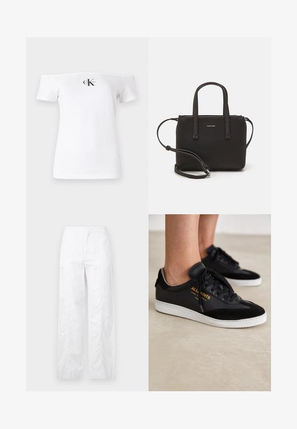 White off-the-shoulder T-shirt, short sleeves, cotton material, features black "CK" logo and text printed on the front. Smooth texture.; White wide-leg trousers made of lightweight fabric, featuring a smooth texture, clean lines, and a high waist design.; Black leather and suede sneakers with white rubber soles. Features tonal laces and gold logo detailing on the side. Flat design.; Black handbag with dual short handles and a removable shoulder strap. Smooth leather-like material with a zip closure and logo detail.