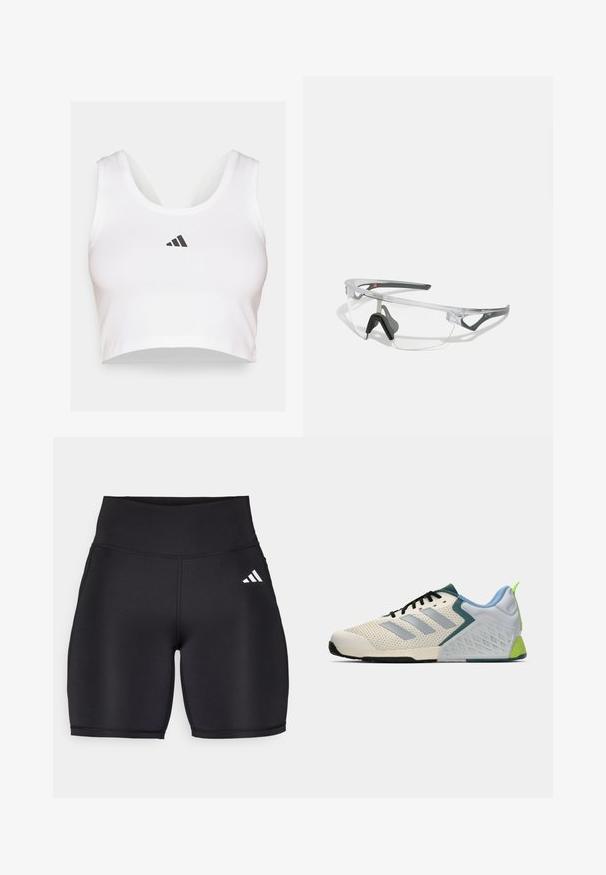 Crop top blanc en tissu doux, avec un col rond et un logo Adidas noir à l'avant. Texture lisse, design sans manches.; Shorts de sport noirs en tissu extensible, dotés d'une taille haute, d'une texture lisse et d'un logo à trois bandes blanches sur le côté.; Baskets de sport légères avec une tige en mesh crème, des rayures grises, un accent vert et un contrefort de talon texturé bleu. Lacets noirs.; Lunettes de sécurité transparentes avec une monture légère et transparente, et des accents gris. Dotées d'un design enveloppant et d'un nez ajustable.