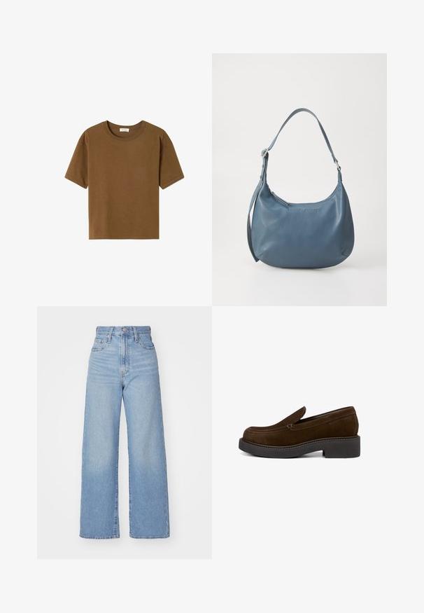 Braunes kurzärmliges T-Shirt aus weichem Baumwollstoff. Hat einen runden Ausschnitt und eine lockere Passform ohne zusätzliche Muster oder Akzente.; Hellblaue High-Waist-Weite-Leg-Jeans mit Knopf- und Reißverschluss vorne, Vorder- und Rückentaschen, auf weißem Hintergrund.; Braune Wildlederschlupfschuhe mit modernem Design, runder Spitze und klobiger schwarzer Plateausohle. Auffällige Steppnähte entlang der Kante.; Blaue Lederhandtasche mit runder Form, einem Schulterriemen, Reißverschluss und eingeprägtem Markennamen auf der Vorderseite. Glatte Textur.