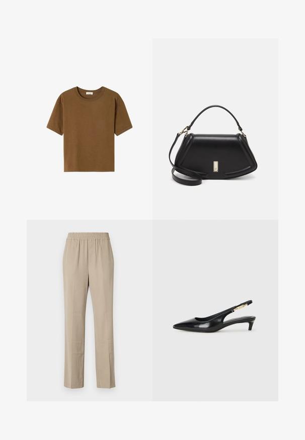 Brown short-sleeve t-shirt made of soft cotton fabric. Features a round neckline and a relaxed fit with no additional patterns or accents.; Beige, lightweight trousers with an elastic waistband, straight-leg design, soft texture, and subtle creases. No visible pockets.; Black leather slingback heels with a pointed toe, featuring a slim heel and a gold-tone accent on the adjustable strap. Smooth texture.; Black leather handbag with a structured design, featuring a cropped shape, top handle, and gold hardware accent. Adjustable shoulder strap included.