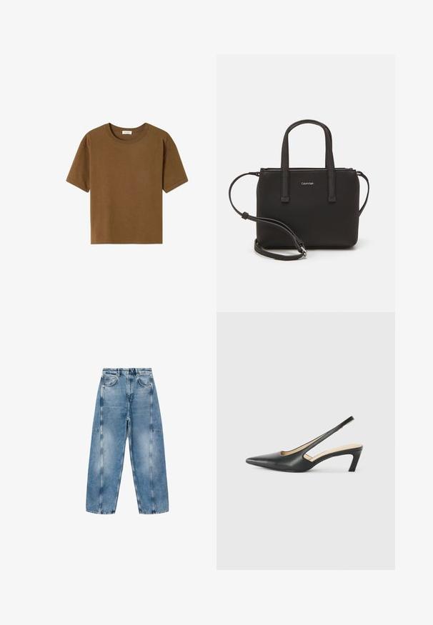 Camiseta de manga corta marrón hecha de suave tejido de algodón. Presenta un escote redondo y un corte holgado, sin patrones ni acentos adicionales.; Los pantalones vaqueros de denim azul claro tienen un ajuste relajado, grandes bolsillos y costuras en contraste. La tela tiene un acabado desgastado con una textura suave.; Zapato negro de punta afilada tipo slingback con un tacón bajo, que presenta un material de cuero suave y un diseño recortado en el lateral para mayor transpirabilidad.; Bolso de mano negro con dos asas cortas y una correa de hombro removible. Material suave tipo cuero con cierre de cremallera y detalle del logo.