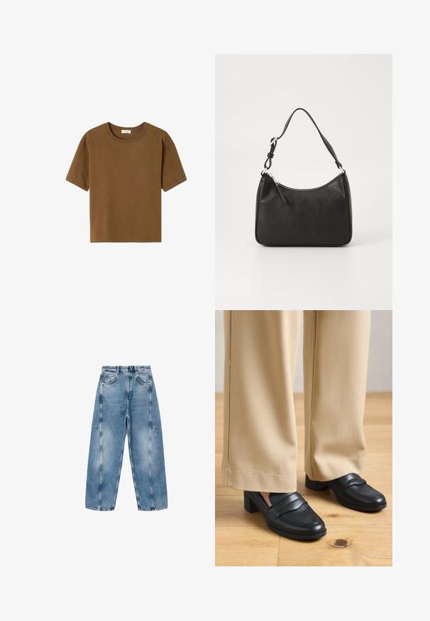 Pruun lühikese varrukaga T-särk, mis on valmistatud pehmest puuvillakangast. Omab ümarat kaelust ja lõdva istuvust, ilma lisa mustrite või aktsentideta.; Heledad sinine teksade puhul on lahtine lõige, suured taskud ja kontrastne piste. Kanga pinnal on kulunud viimistlus ning sile tekstuur.; Beezid laiad püksid ja mustad nahast plokkkontsaga loafersid seljas inimene, seistes puidust põrandal.; Must musta käekott, millel on kumer kuju, üks rihm, lukuga sulgemine ja peen brändimine esiküljel. Sile tekstuur, minimalistlik disain.