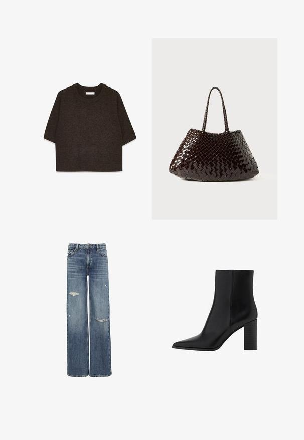 Donkerbruine gebreide trui met korte mouwen, ronde halslijn en ribgebreide zoom. De textuur is zacht en het materiaal lijkt stevig te zijn.; Wijduitlopende jeans van mediumblauw denim, met verwerkte details zoals scheuren, een klassiek vijf-pocket ontwerp en een tailleband met riemlussen.; Zwarte leren enkellaars met een spitse neus, vierkante hak, een gladde textuur en stikdetails langs de naden. De hakken zijn ongeveer 8,9 cm hoog.; Geweven handtas in donkerbruin, met een glanzende afwerking, taps toelopende vorm en gevlochten handvatten. Het gestructureerde patroon voegt diepte en visuele interesse toe.
