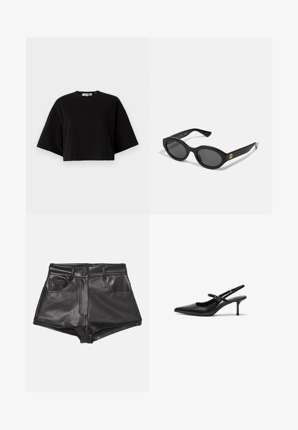 Melns īsais krekls, ko izgatavo no kokvilnas, ar noapaļotu kakla izgriezumu un īsām, plašām piedurknēm, kas nodrošina brīvu piegājienu. Gluda tekstūra, vienkāršs dizains.; Melni mākslīgo ādu šorti ar augsto jostasvietu, kurām ir divas priekšējās kabatas, redzama šuvēšana un gluda tekstūra.; Melnas ādas siksnas papēžu kurpes ar smailu purngalu, slaidu regulējamu siksniņu un aptuveni 5 cm augstu stiletto papēdi, gluda tekstūra.; Melnas ovālās saulesbrilles ar tumšiem stikliem un spīdīgu plastmasas rāmi. Iezīmētas ar zelta logo uz tempļa, nodrošinot elegantu un modernu dizainu.
