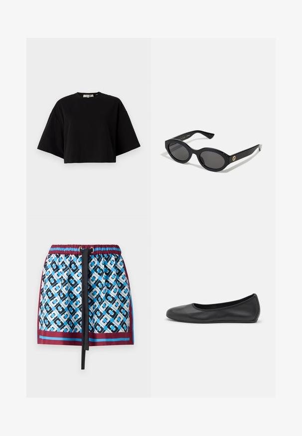 Camiseta corta negra de algodón, con cuello redondo y mangas cortas y anchas para un ajuste holgado. Textura suave, diseño sencillo.; Falda corta con un patrón geométrico en azul y negro, cinturilla elástica con cordón y ribete burdeos en la parte inferior.; Bailarina de piel negra con punta redondeada, textura suave, detalle de costura minimalista y diseño de suela flexible.; Gafas de sol negras en forma ovalada con lentes oscuros y montura de plástico brillante. Presenta un logo dorado en la patilla, ofreciendo un diseño elegante y moderno.; Bolso negro de piel texturizada con forma redondeada. Cuenta con una fina correa para el hombro y patrones decorativos en relieve.