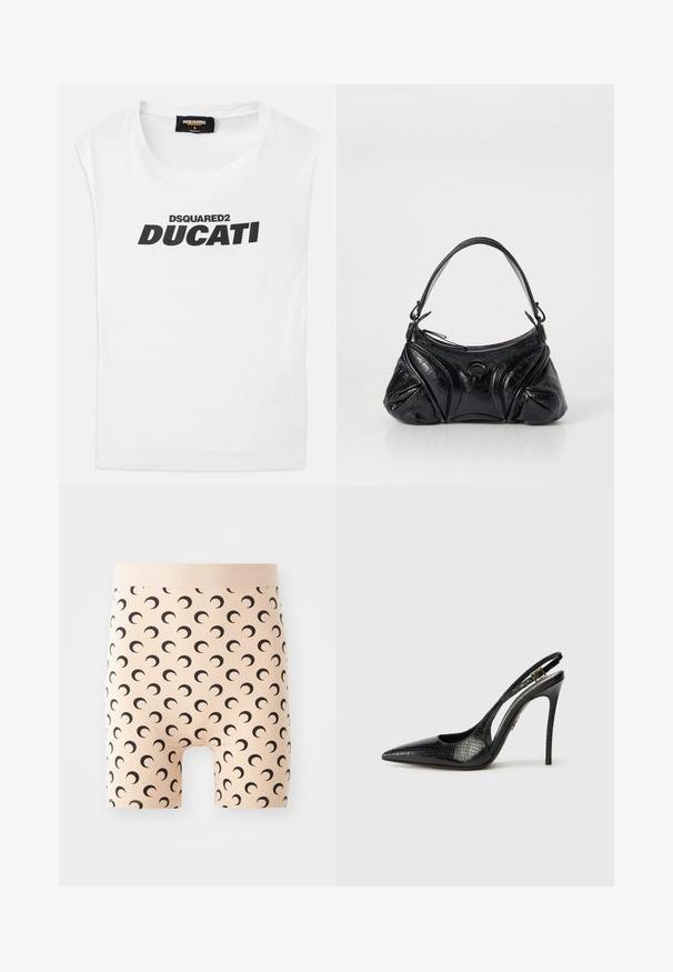 Balta bez piedurknēm krekls ar melnu uzrakstu "DSQUARED2 DUCATI" priekšpusē un mazu tagu ar zīmola informāciju iekšējā apkaklē.; Beige šorti, izgatavoti no elastīgas auduma ar gludu tekstūru. Ar atkārtotu melnu pusmēness rakstu un logotipa jostu.; Melnas slingback kurpes ar smailu purngalu, teksturētu čūskas rakstu, stiletto papēdi un dekoratīvu sprādzi uz siksniņas.; Melna soma, kas izgatavota no strukturētas ādas ar noapaļotu formu. Tajā ir plāna plecu siksna un dekoratīvi reljefi raksti.