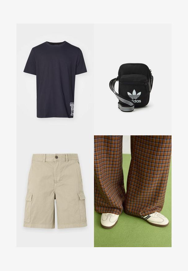 Schwarzes Baumwoll-T-Shirt mit Rundhalsausschnitt, kurzen Ärmeln und einem weißen Logopatch an der unteren Seite. Glatte Textur, normale Passform.; Beige Cargo-Shorts aus Baumwolle, mit Seitentaschen, einem Knopfverschluss und einem geraden Schnitt, der einen lässigen Look bietet.; Braun und blaue Karohosen mit weitem Bein, kombiniert mit weißen Schuhen mit schwarzen Akzenten und strukturierten Sohlen, vor einem grünen Hintergrund.; Schwarze Umhängetasche aus Stoff mit Reißverschluss, ausgestattet mit einem weißen Adidas-Logo und einem gestreiften, verstellbaren Tragegurt für einfachen Transport.